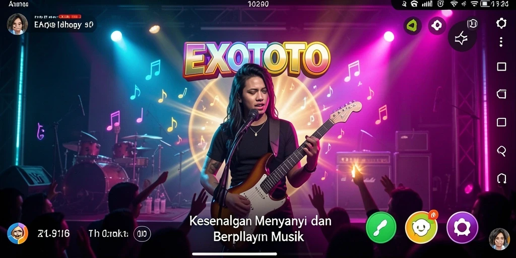 Screenshot gameplay EXOTOTO menampilkan momen seru saat bernyanyi bersama teman.
