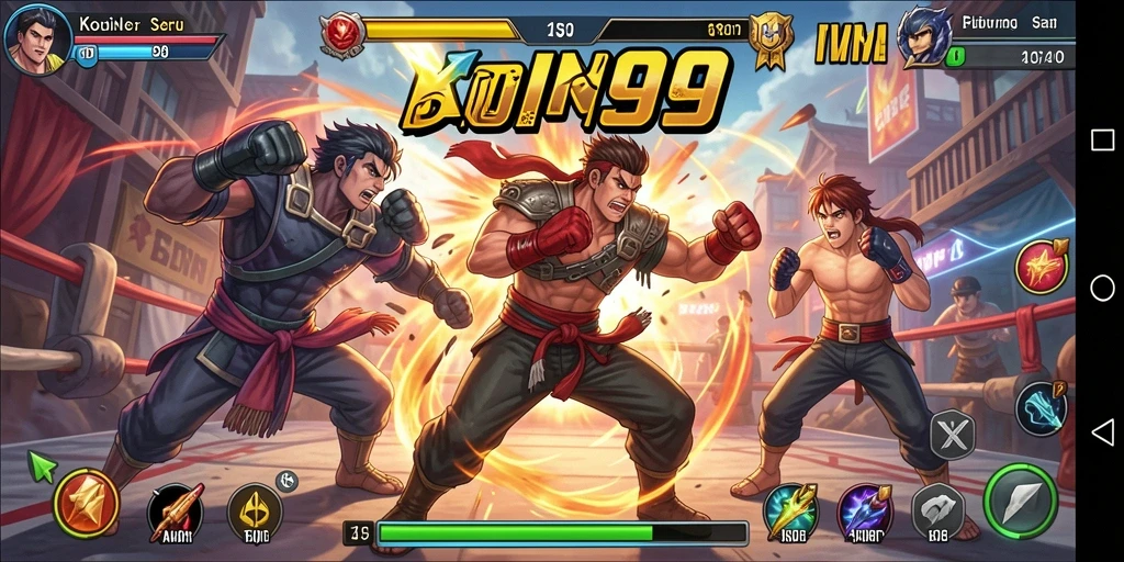 Screenshot gameplay <strong>KOIN99</strong> memperlihatkan pertarungan dinamis dan karakter yang beragam.
