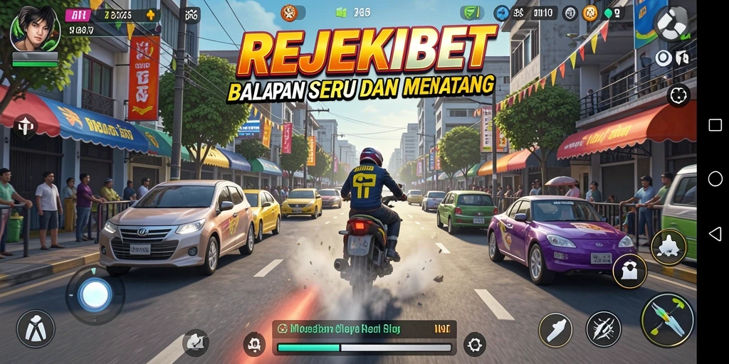Tampilan gameplay seru dari REJEKIBET saat balapan di jalanan.