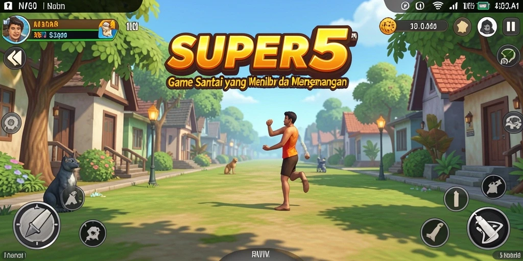 Tampilan gameplay SUPER5 yang menarik dan penuh warna.