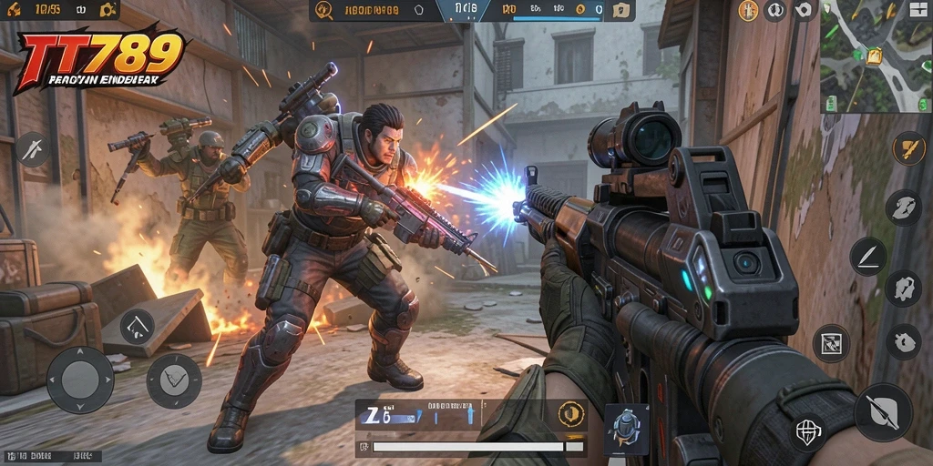 Tampilan gameplay menegangkan dari TT789 dalam aksi pertempuran FPS.